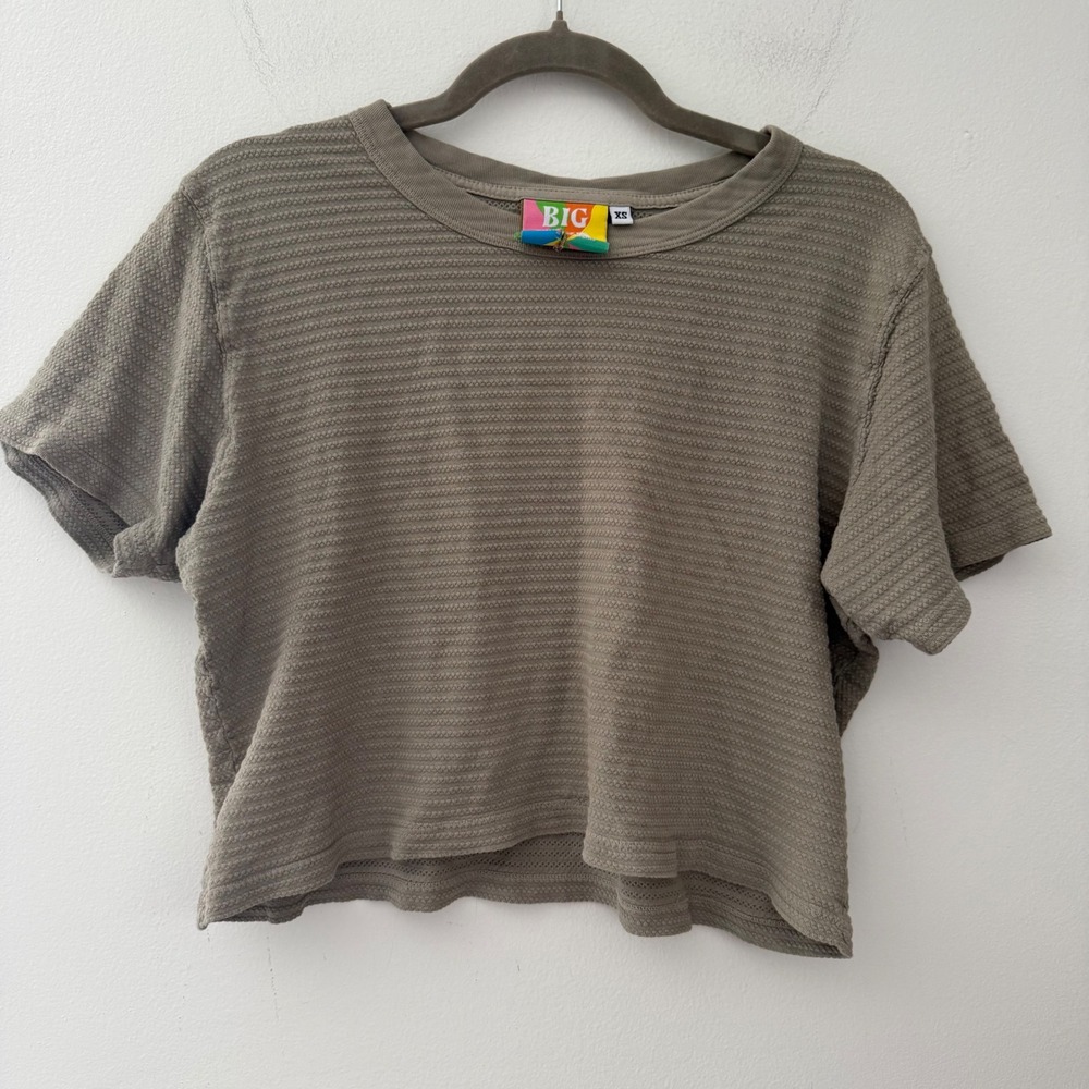 Big Bud Press Honeycomb Crop Tee Olive Green Textured Cotton Knit XS Made in LA